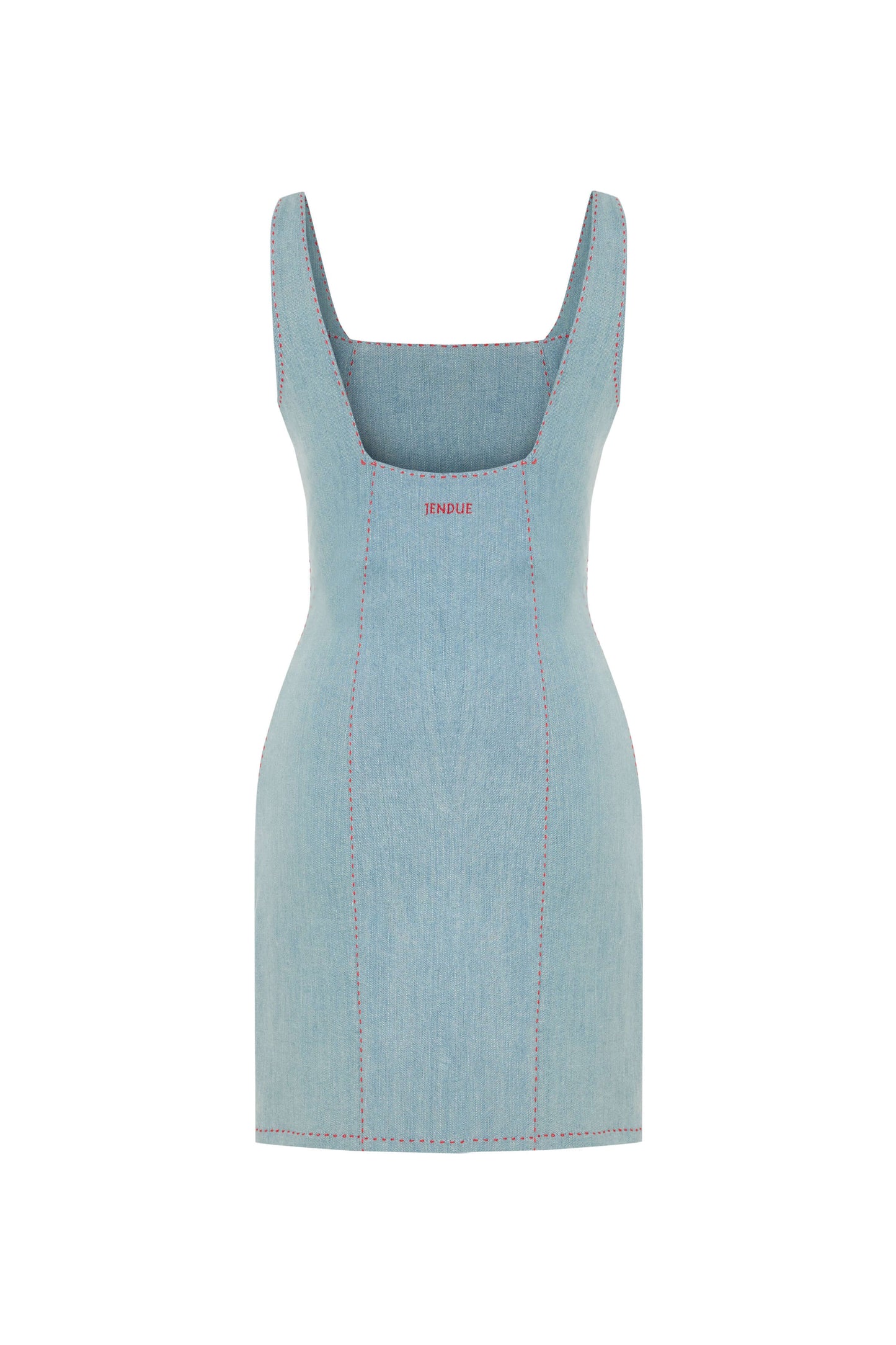 JENDUE Rachele Dress - Denim Mini Dress with Red Stitch-3