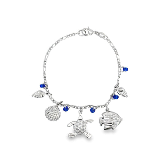 Blue Bead Bracelet With Fish, Turtle, Sea Shell Charms For Wholesale Jewelry And Findings 18K Gold Filled (I165)-1