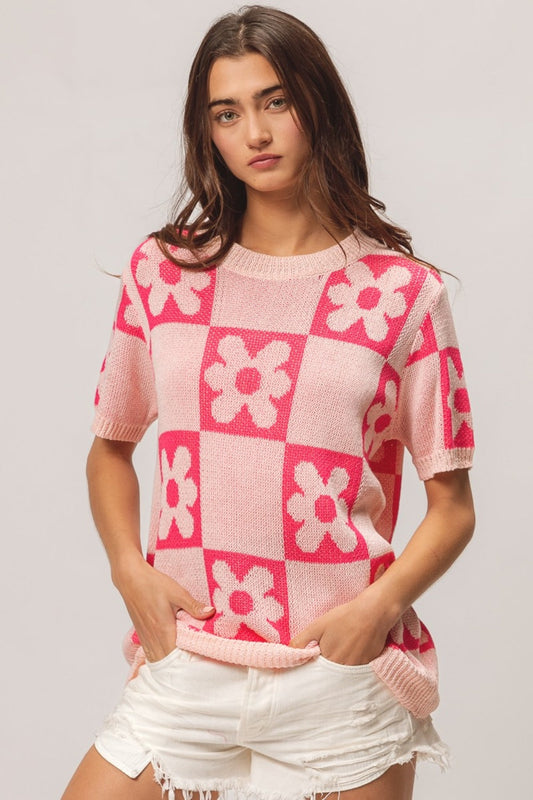 BiBi Flower Checker Pattern Short Sleeve Sweater-0