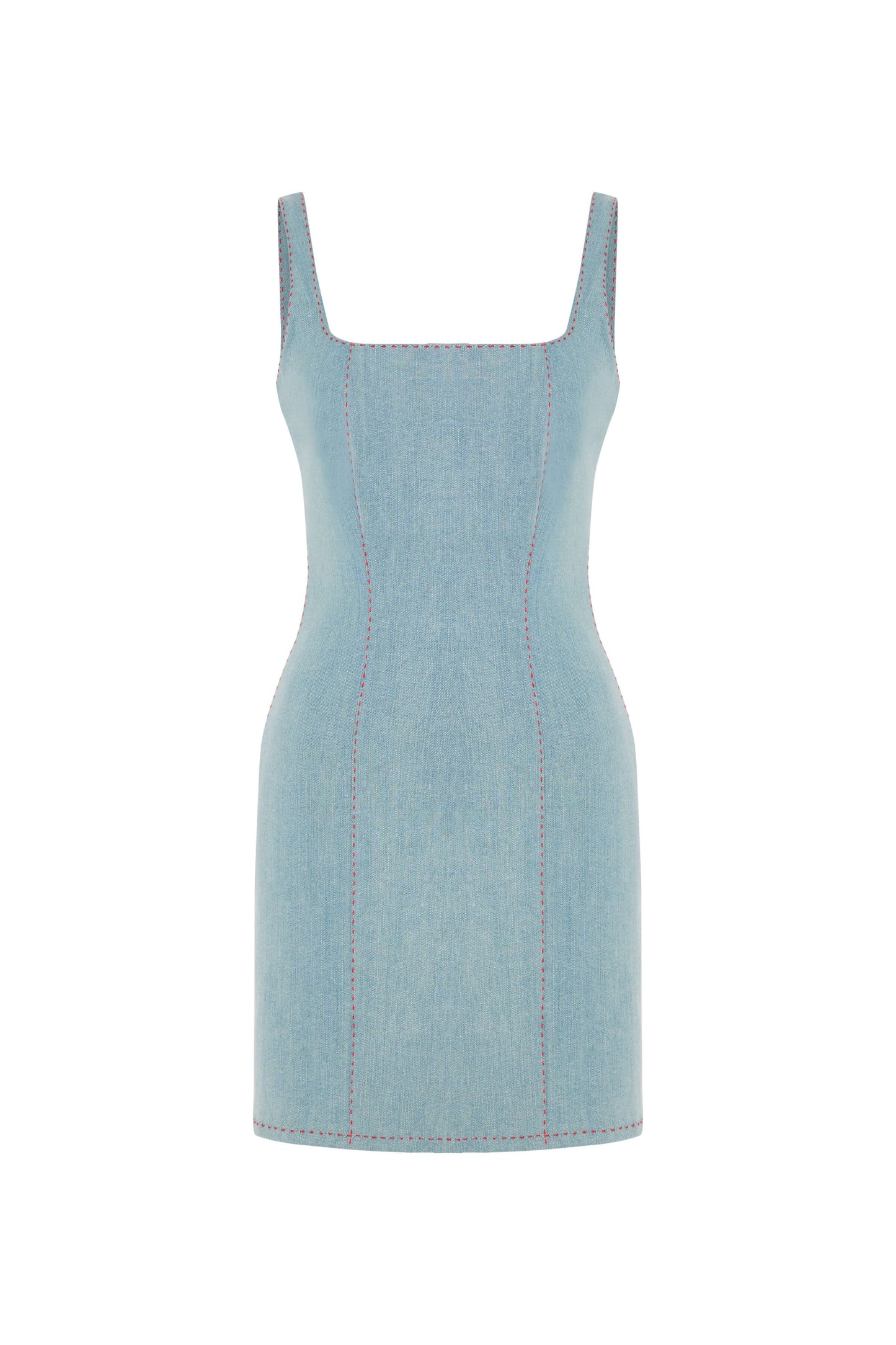 JENDUE Rachele Dress - Denim Mini Dress with Red Stitch-2