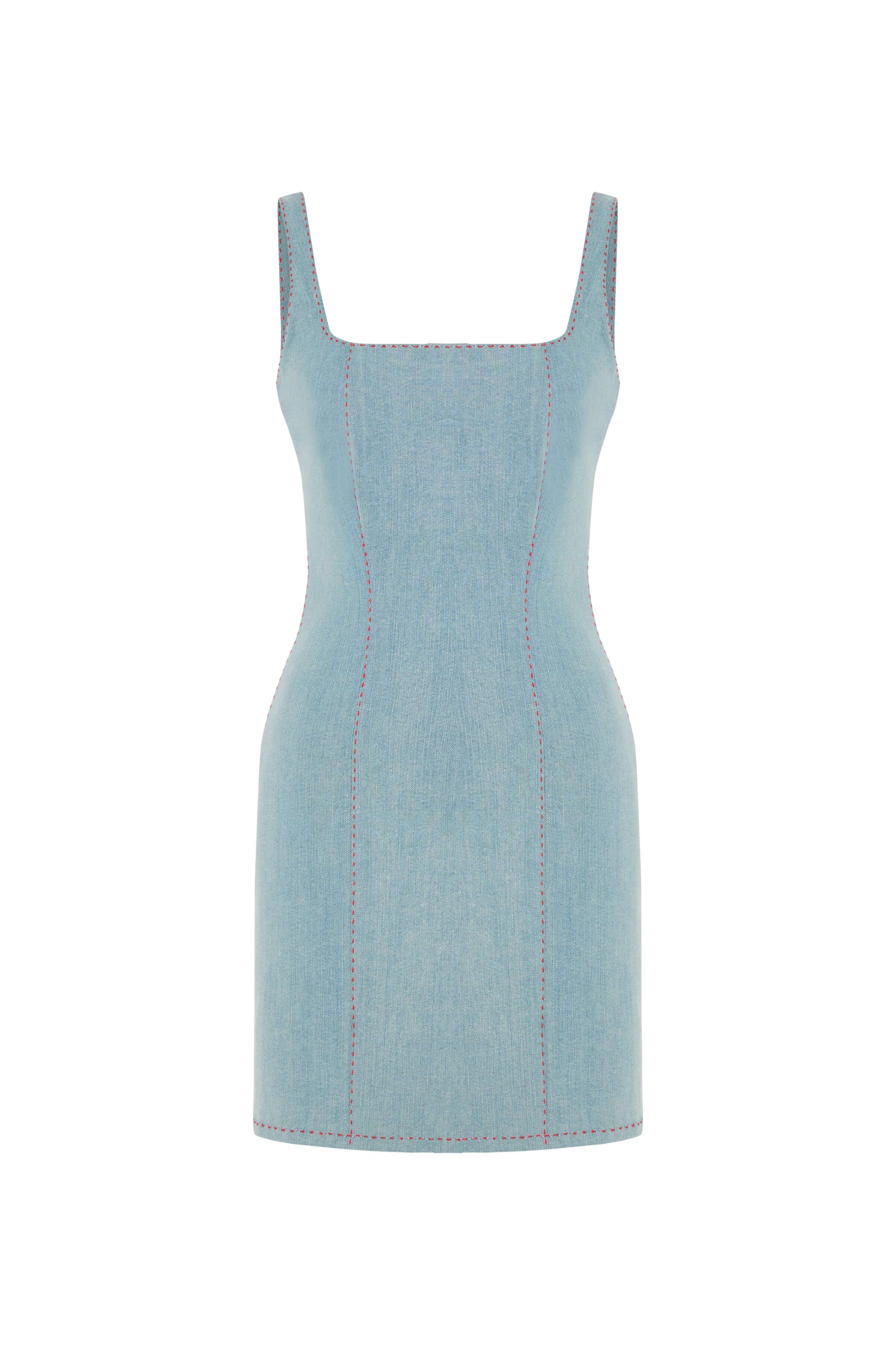 JENDUE Rachele Dress - Denim Mini Dress with Red Stitch-2