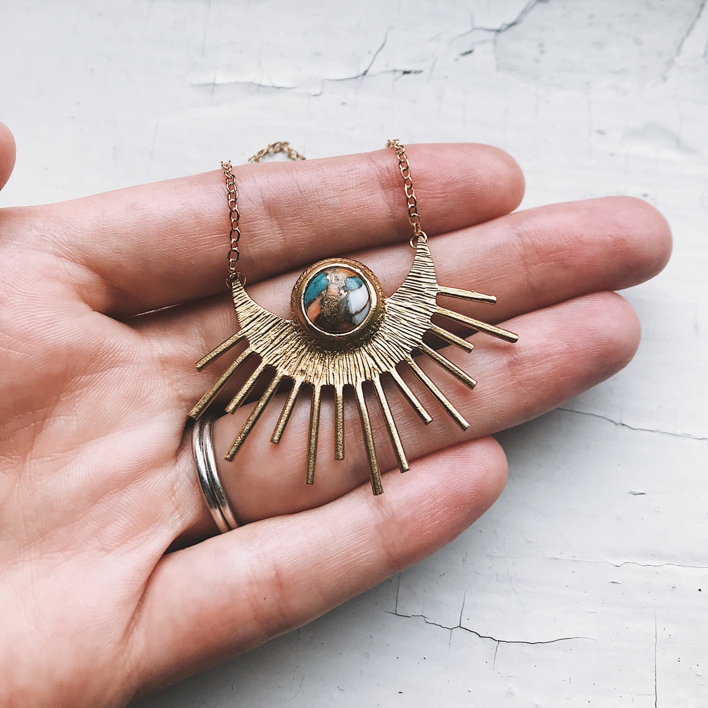Necklace || Sun Goddess Pendant with Copper Oyster Turquoise