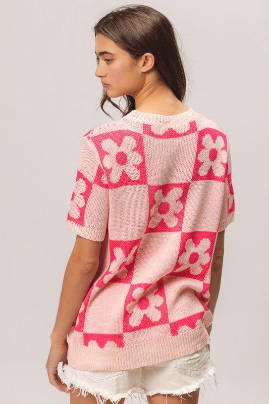 BiBi Flower Checker Pattern Short Sleeve Sweater-1