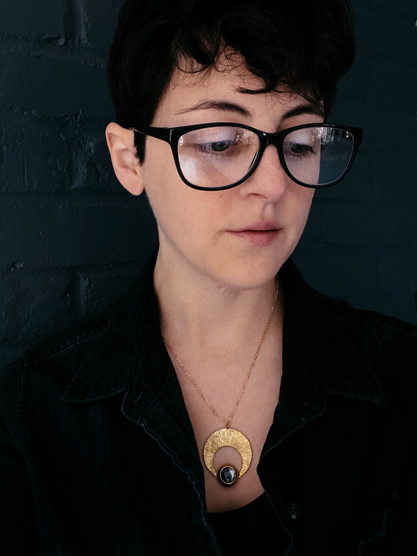 Necklace || Crescent Moon Pendant with Dendritic Agate