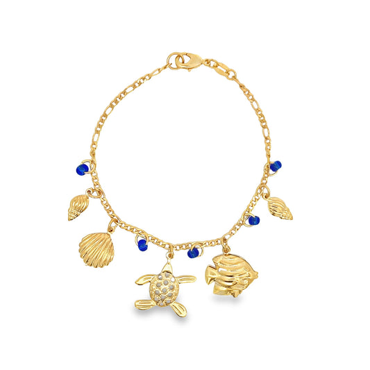 Blue Bead Bracelet With Fish, Turtle, Sea Shell Charms For Wholesale Jewelry And Findings 18K Gold Filled (I165)-0